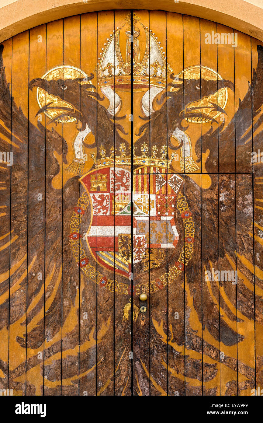Coat of arms with double-headed eagle, Adlertor gate, Fugger houses, Augsburg, Swabia, Bavaria, Germany Stock Photo