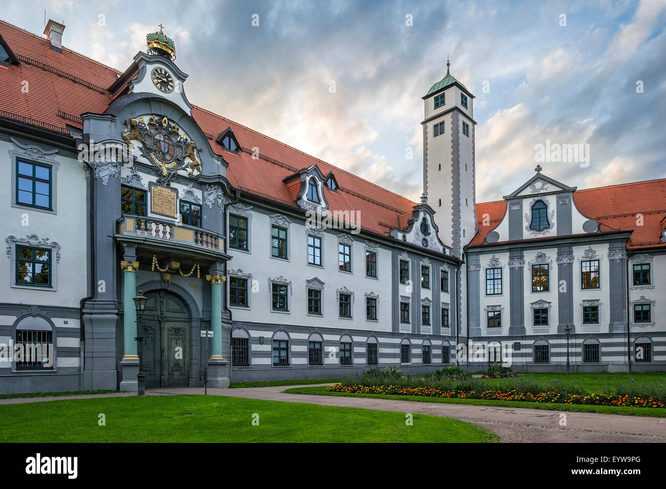 Prince Bishop's Residence with portal and Bishop's coat of arms, Pfalzturm tower, Fronhof, Augsburg, Swabia, Bavaria, Germany Stock Photo