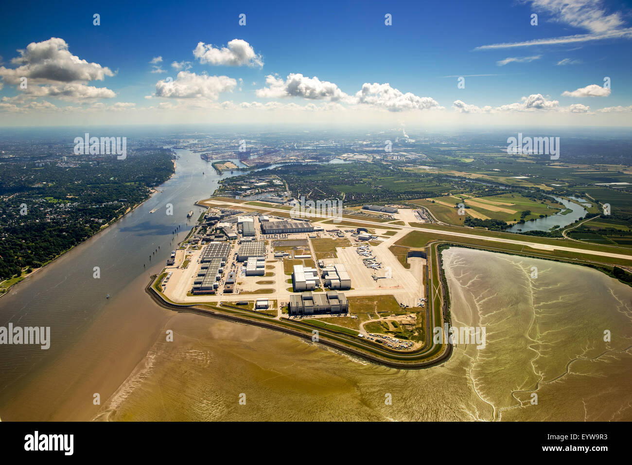 Runway and production halls of the Airbus airport, Finkenwerder, Hamburg, Germany Airport Stock Photo