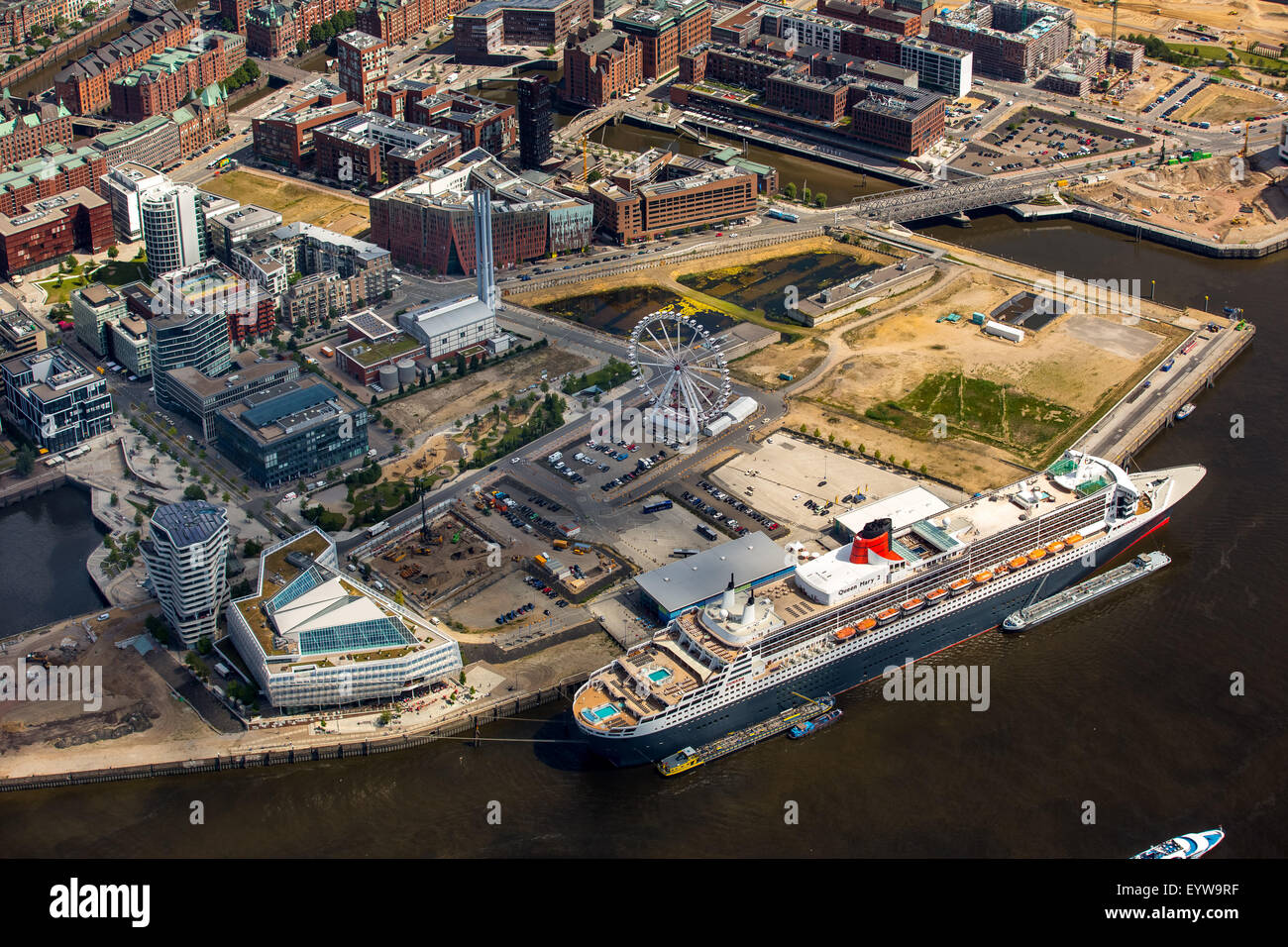Cruise ship terminal, Unilever building, cruise ship Queen Mary 2, Port of Hamburg, Elbe, Hamburg, Germany Stock Photo