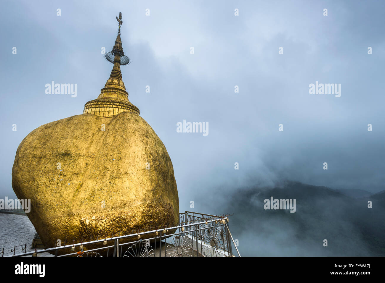 Golden Rock with Kyaiktiyo Pagoda in fog, Kyaikto, Thaton District, Mon State, Myanmar Stock Photo
