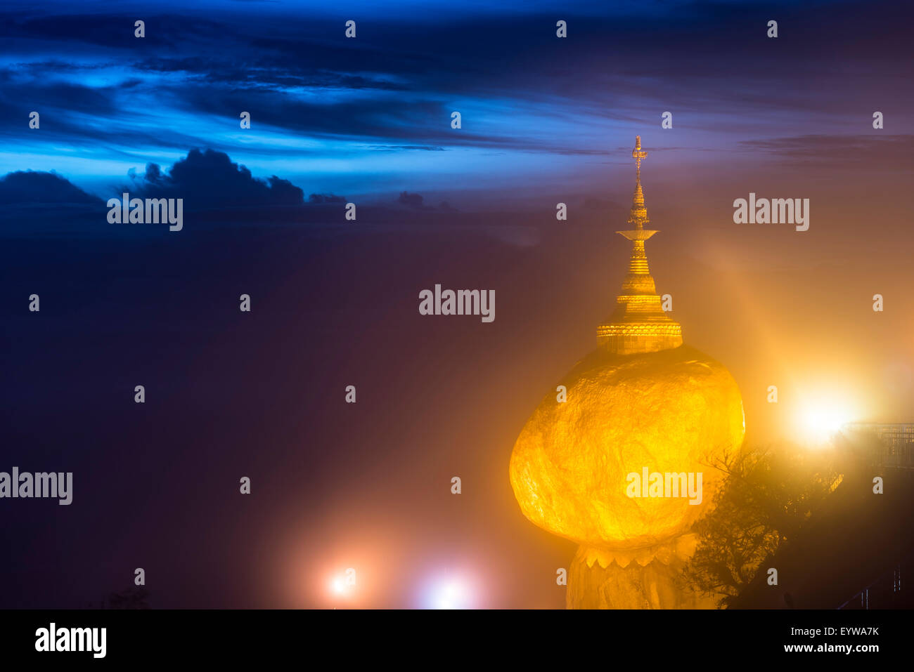 Illuminated Golden Rock at night with Kyaiktiyo Pagoda, Kyaikto, Thaton District, Mon State, Myanmar Stock Photo