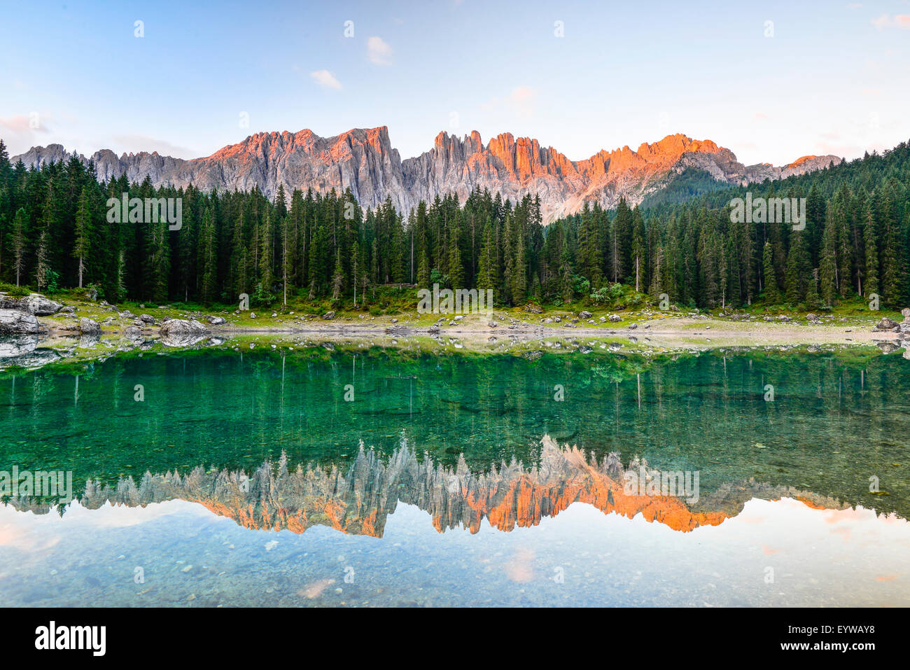 Karersee lake in front of Latemar, Lago di Carezza, Carezza, Dolomites, Trentino Province, Province of South Tyrol, Italy Stock Photo