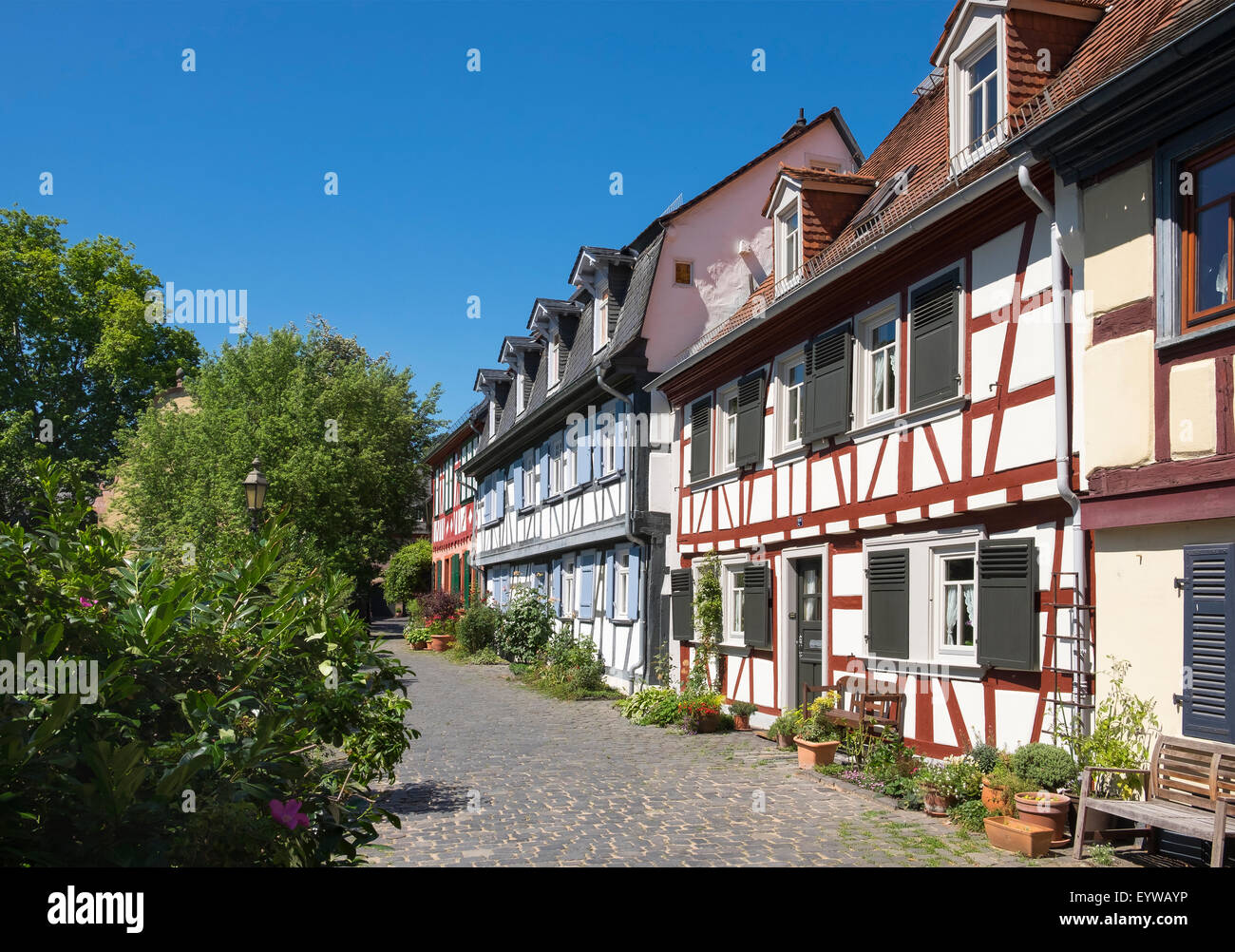 Half-timbered houses at the moat, historic centre, Frankfurt-Höchst, Frankfurt am Main, Hesse, Germany Stock Photo