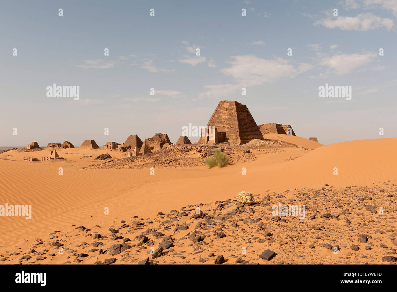 View onto the black Pyramids of Meroe, Nubian Desert, Nubia, Nahr an-Nil, Sudan Stock Photo