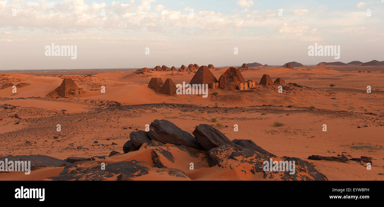 Pyramids of Meroe at sunrise, Nubian Desert, Nubia, Nahr an-Nil, Sudan Stock Photo