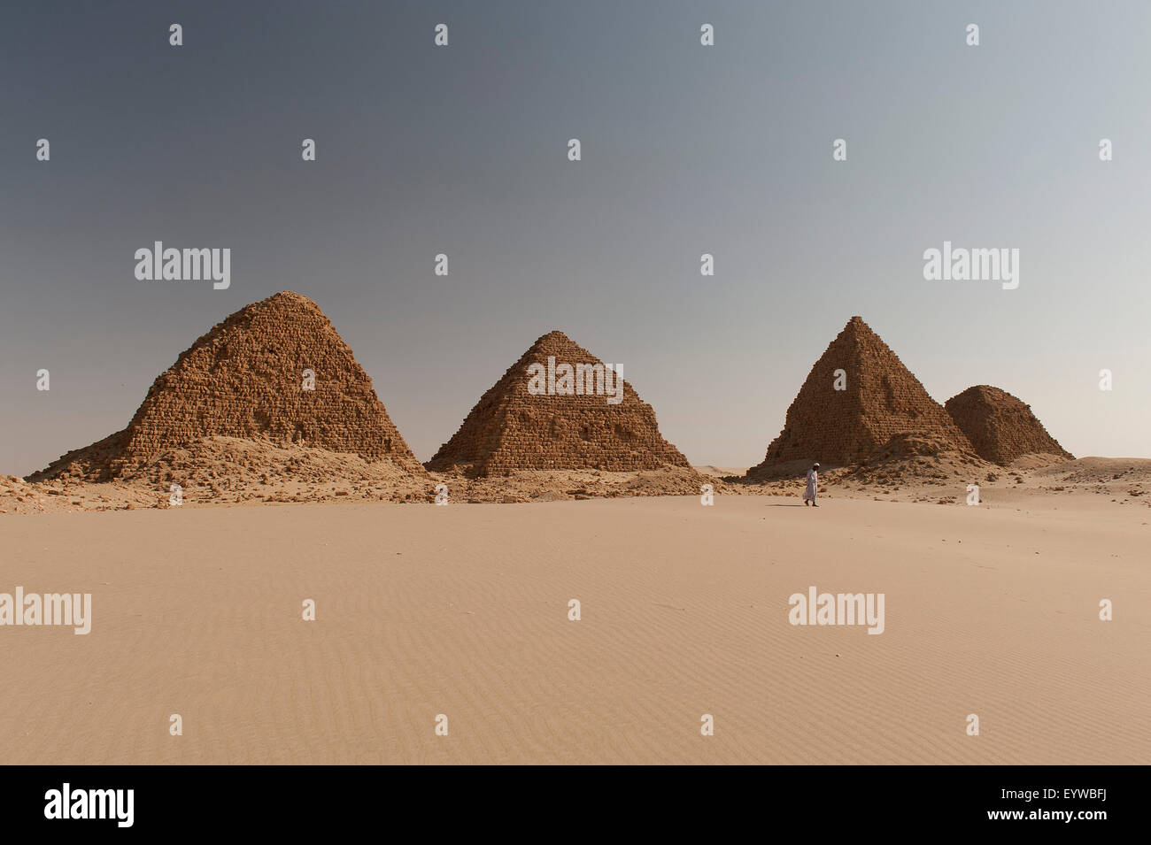 Black pyramids with a tomb guardian, pyramids of Meroe, Nubian Desert, Nubia, Nahr an-Nil, Sudan Stock Photo