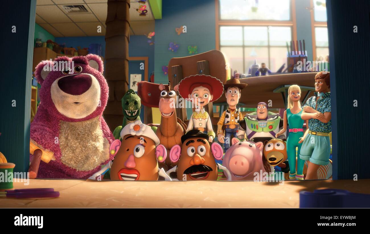 Toy Story 3 ; Year : 2010 USA ; Director : Lee Unkrich ; Animation ; Lots-oi-Huggini Bear, Rex, Mrs. Potato Head, Bullseye, Mr. Potato Head, Jessie, Woody, Hamm, Buzz Lightyear, Slinky Dog, Barbie, Ken Stock Photo