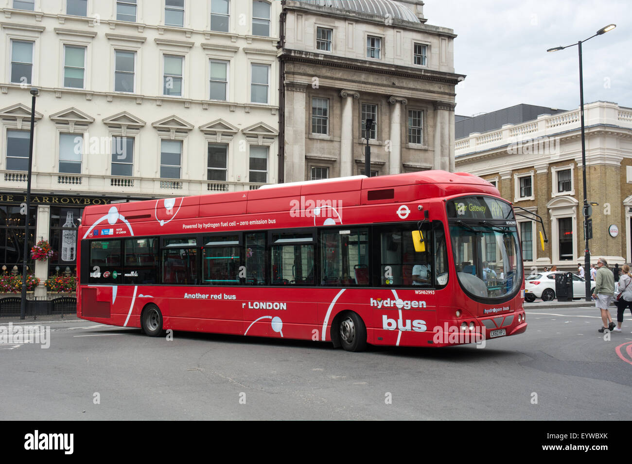 A Hydrogen powered bus turns from Borough High Street in to Tooley Street London. It is on route RV1 Stock Photo