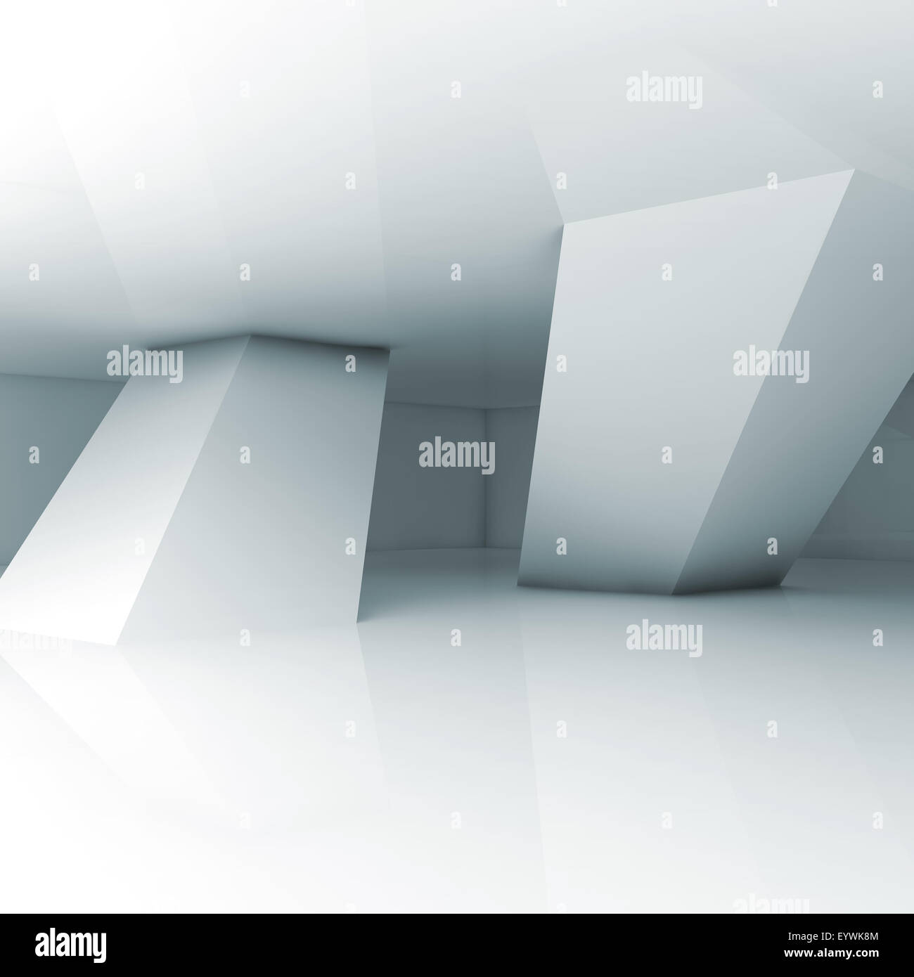 Abstract empty white room interior with inclined columns and blue ...