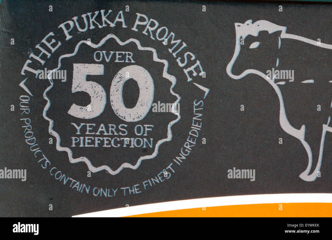 The Pukka promise over 50 years of piefection our products contain only the finest ingredients - information on Pukka-pies box Stock Photo