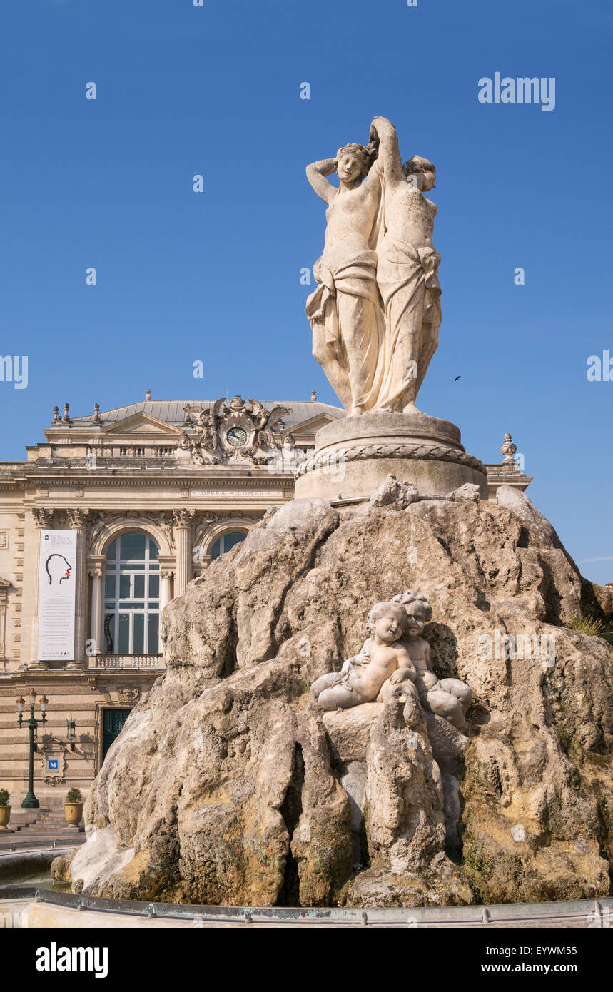 The statue of three graces in the Place de la Comédie, Montpellier,  France, Europe Stock Photo