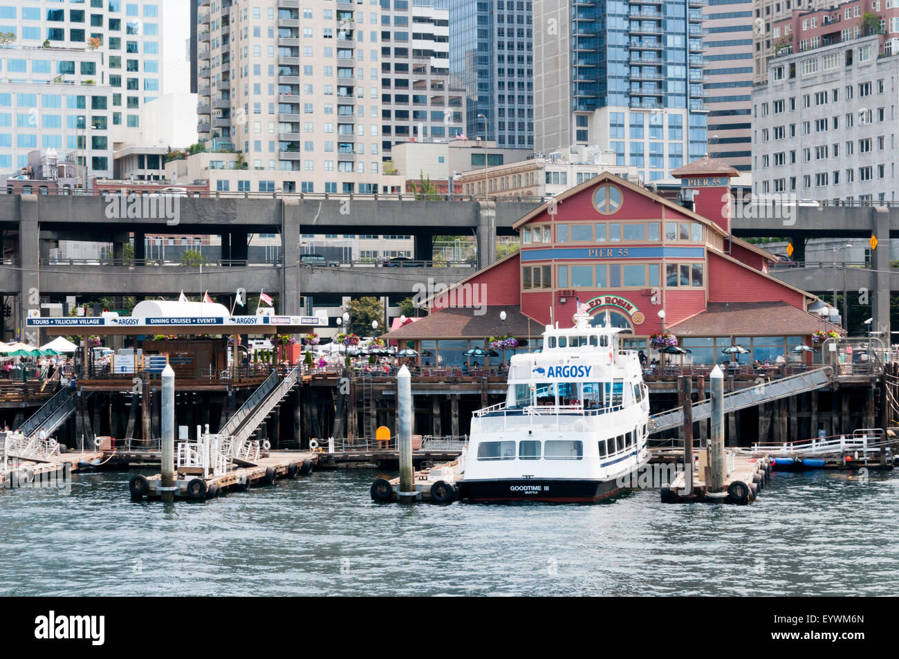 Goodtime III of Argosy Cruises moored at Pier 55 in Seattle, with the double-deck Alaskan Way Viaduct in the background. Stock Photo