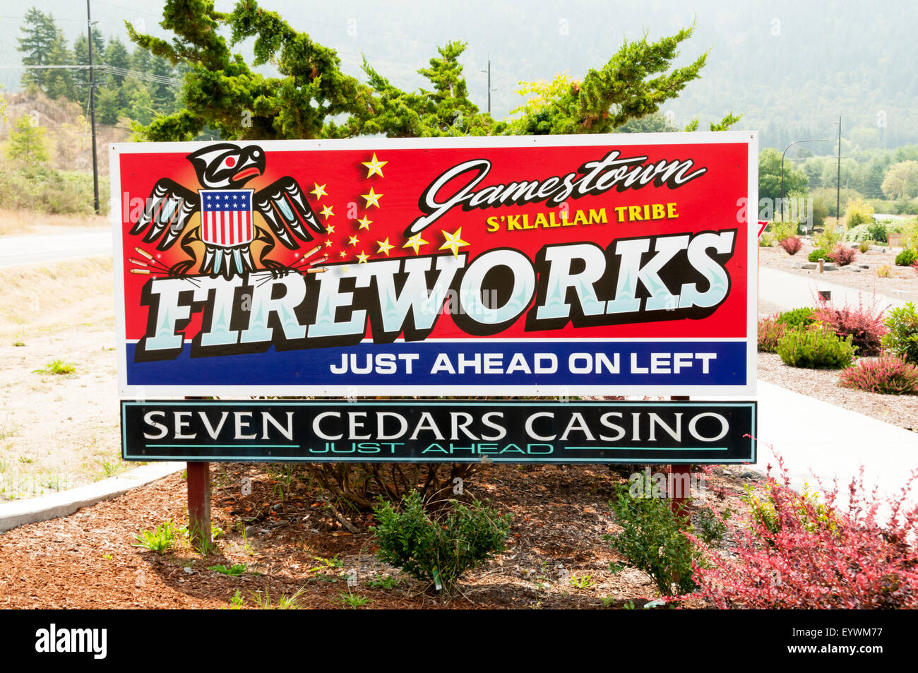 Sign for fireworks and the Seven Cedars Casino run by the S'Klallam tribe on reservation land in Jamestown, Washington state. Stock Photo