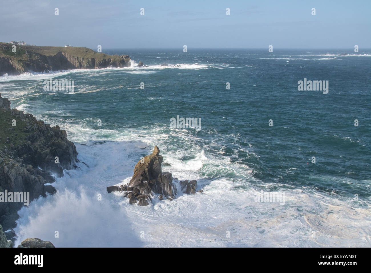 Lands End, Cornwall, UK. 4th August 2015. UK Weather. High tides and strong winds bring big waves over the north west Cornwall coast. Credit:  Simon Yates/Alamy Live News Stock Photo