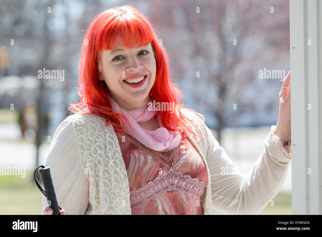 Woman with visual impairment and her cane Stock Photo