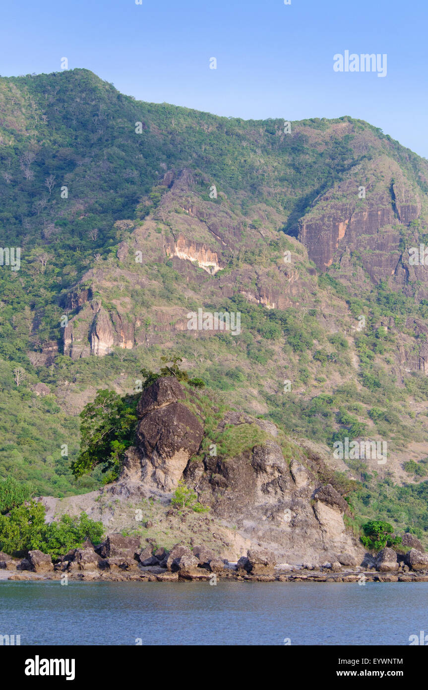 Steep and rugged terrain in the south of Rinca Island in Horseshoe Bay, Komodo National Park, Indonesia, Indian Ocean Stock Photo