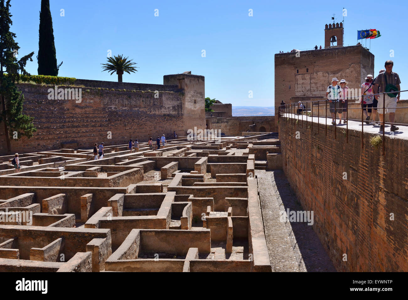 View of Plaza de Armas and Torre de la Vela (Watch Tower) in Alcazaba, Alhambra Palace complex, Granada, Andalusia, Spain Stock Photo