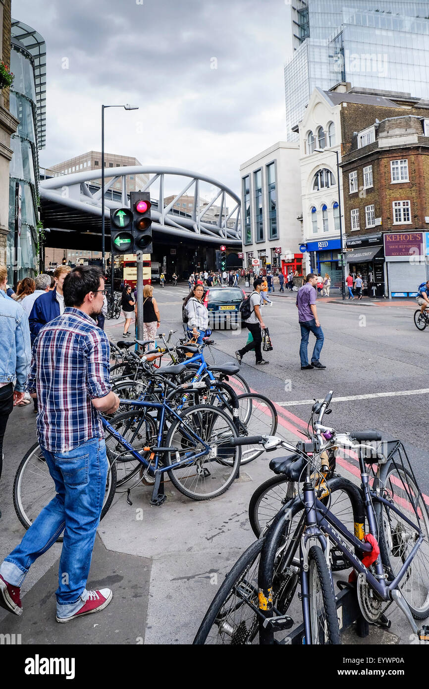 Bicycles in bike racks in Southwalk in London Stock Photo Alamy