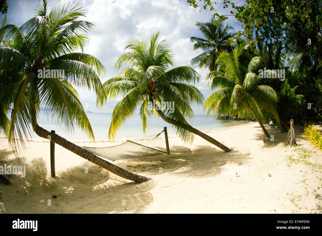 Tropical island beach with hammock at Matangi Island Resort, Vanua Levu, Fiji, Pacific Stock Photo