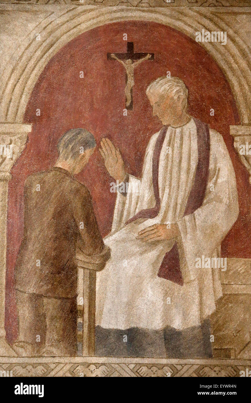 Fresco of Holy Confession in Sainte Genevieve's Cathedral, Nanterre, Hauts-de-Seine, France, Europe Stock Photo
