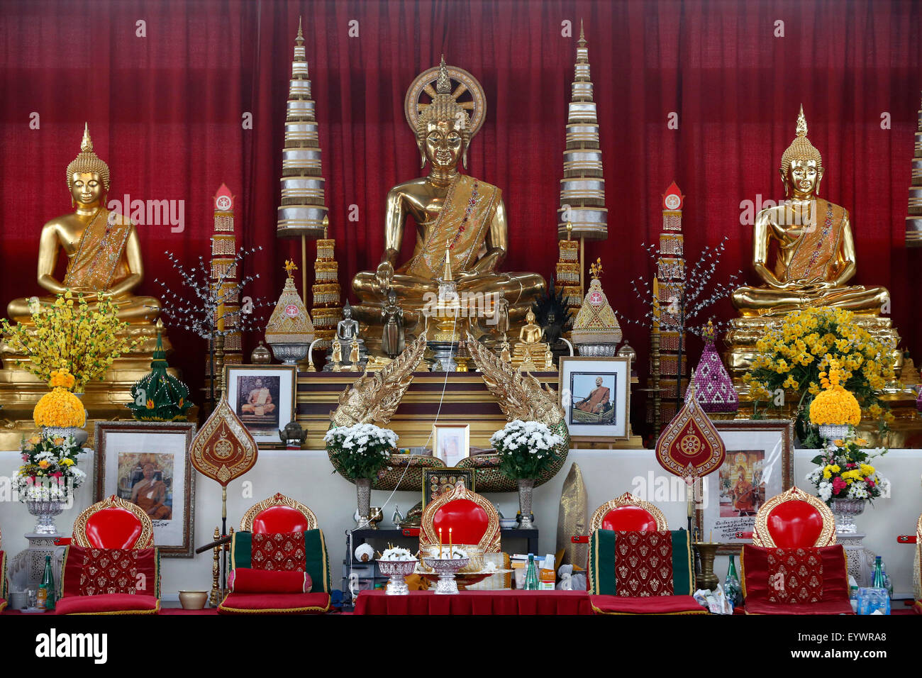 Buddha statues on main altar, Wat Velouvanaram, Bussy St. George, Seine et Marne, France, Europe Stock Photo