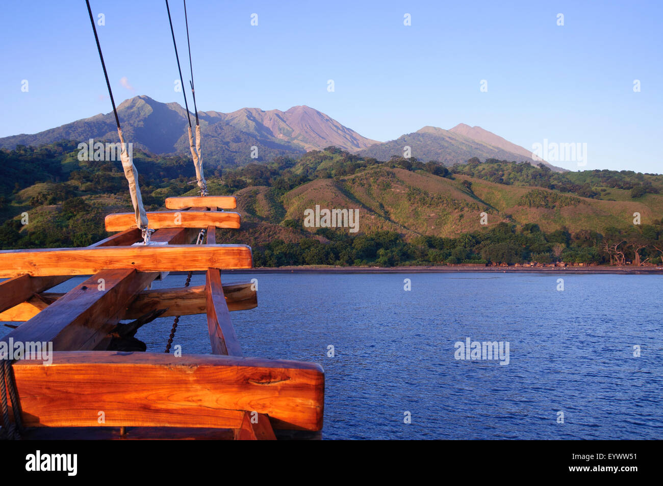A view of Sangeang Volcano from a boat anchored off the NW shore of the island, Sangeang Island, Sumbawa, Indonesia, Pacific Stock Photo
