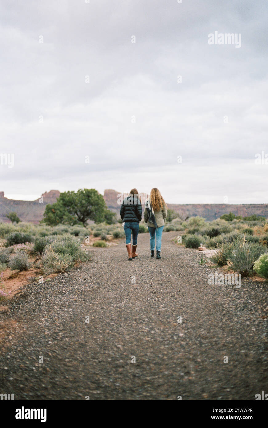 Two women walk down a dirt road in a desert. Stock Photo