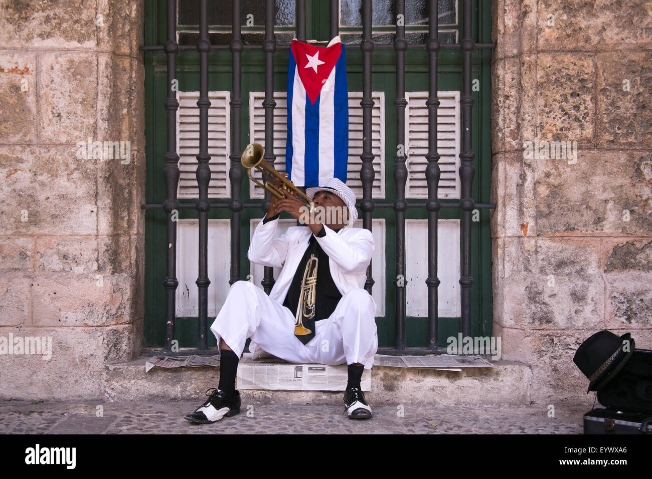 A man playing a trumpet in Army Plaza in Old Havana, Cuba. Stock Photo