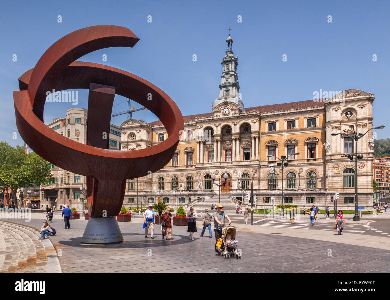 Sculpture by Jorge Oteiza, The Alternative Ovoid, and Bilbao Town Hall, Bilbao, Spain Stock Photo