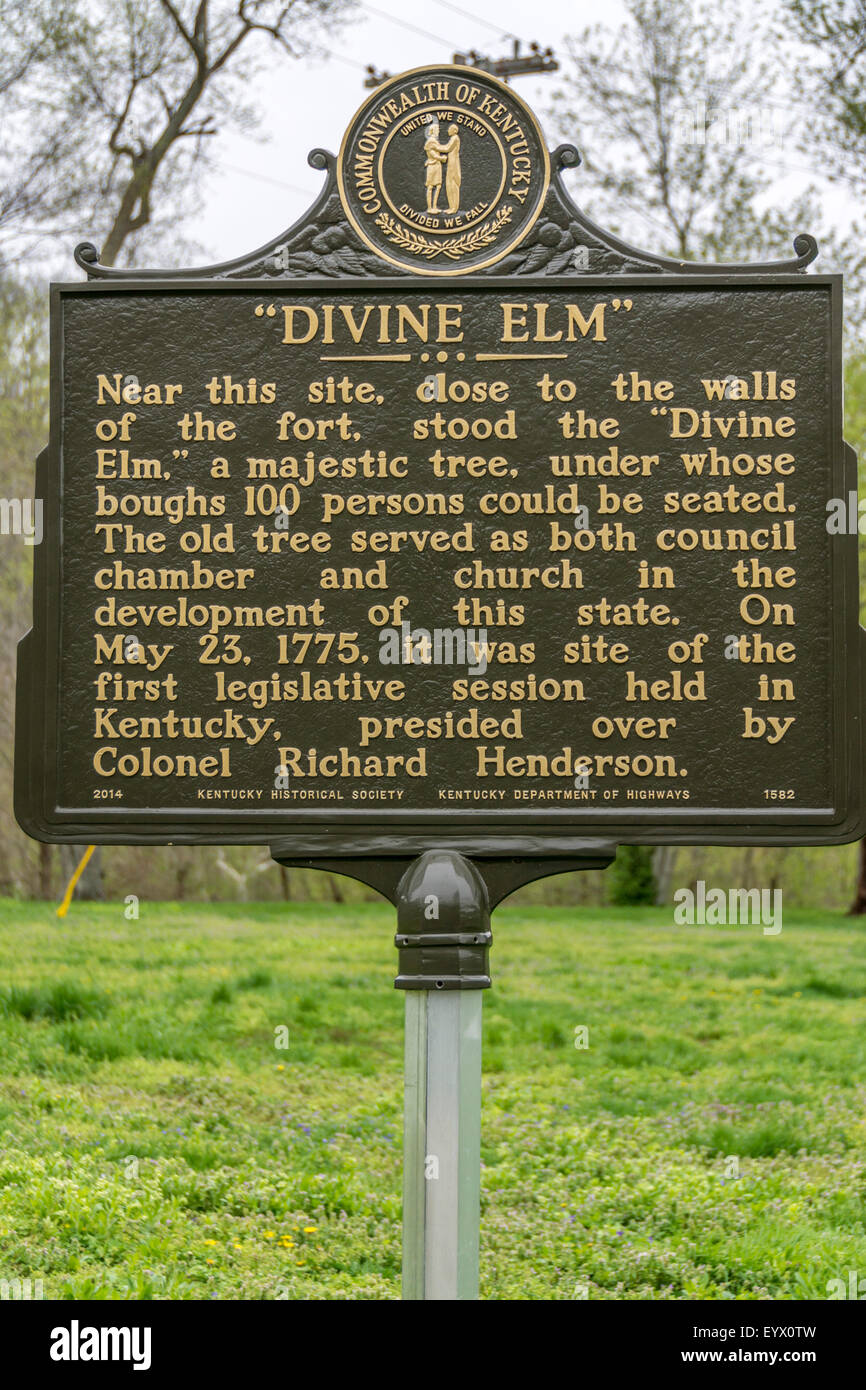 Historical marker for the Divine Elm at Fort Boonesborough.  This tree was the site of the first legislative session held in Kentucky. Stock Photo