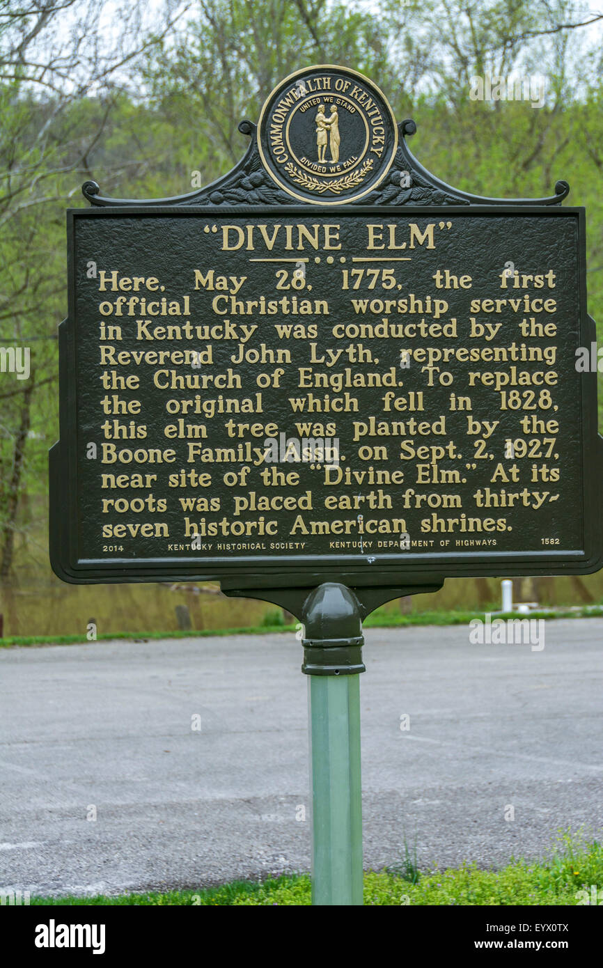 Historical marker for the Divine Elm at Fort Boonesborough.  This tree provided a sheltered meeting place for the first official Christian service in Kentucky. Stock Photo