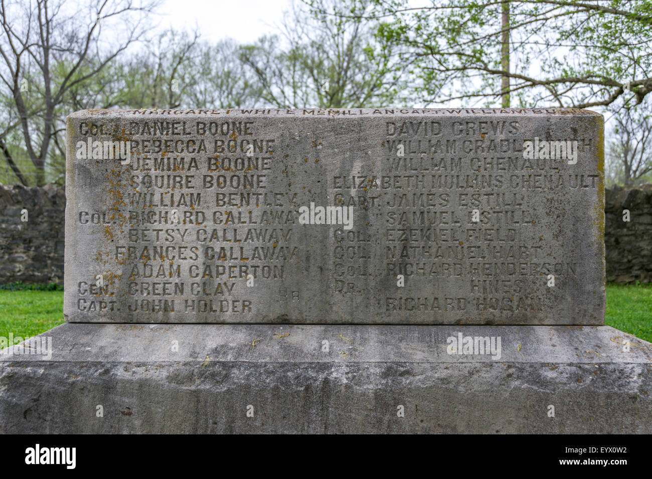 Historic marker listing of many of the names of the original settlers at  Fort Boonesborough in Kentucky Stock Photo