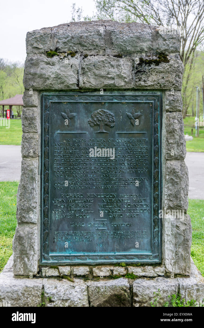 Historical marker at Fort Boonesborough honoring the leaders of the Transylvania Company  who were instrumental in the settlement of pioneer families in the wilderness of Kentucky Stock Photo