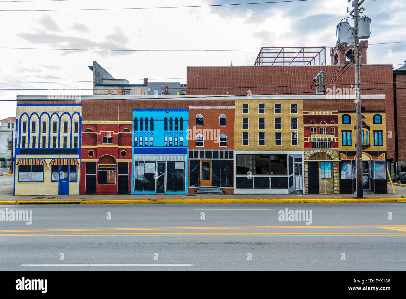 Mural of town buildings painted on the wall of building in Winchester