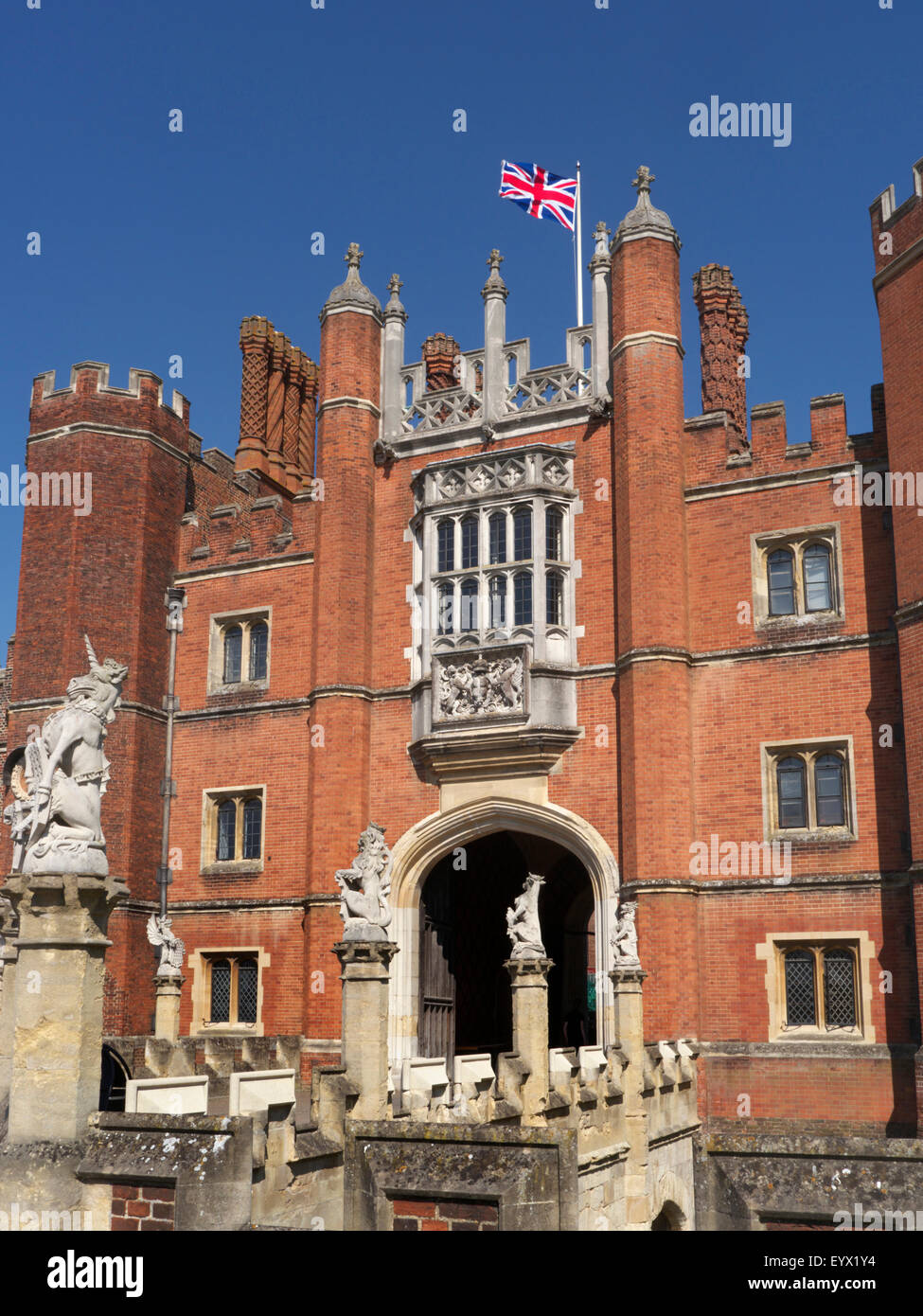 Hampton Court Palace flying Union Jack flag Richmond upon Thames Greater London Surrey UK Stock Photo