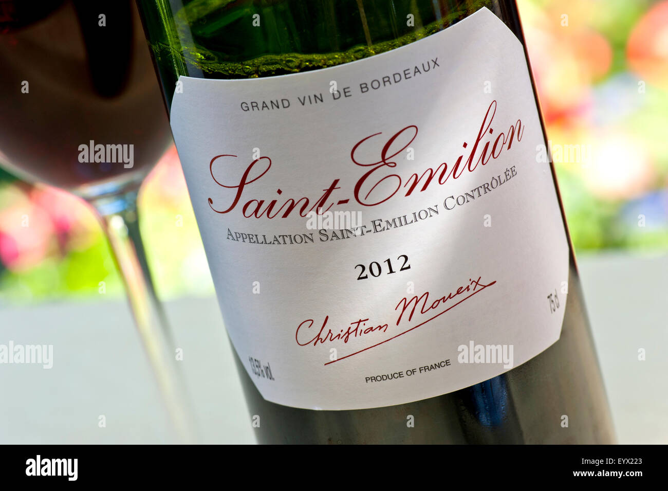 Close-up wine bottle label of Saint-Emilion 2012 red wine produced by renowned Christian Moueix Libourne Pomerol Bordeaux France Stock Photo