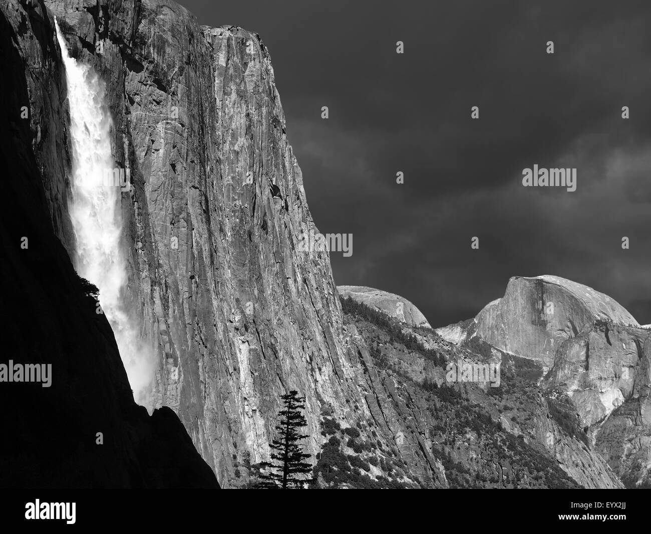 Yosemite Falls and Half Dome in black and white. Stock Photo