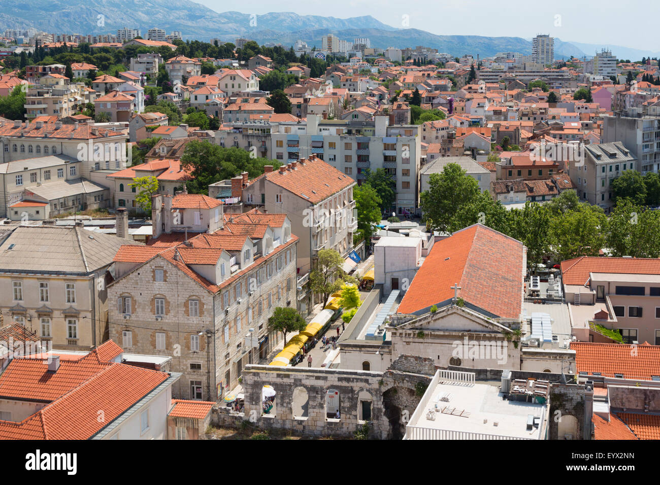 Split, Dalmatian Coast, Croatia.  High overall rooftop view.The Historic Centre of Split is a UNESCO World Heritage Site. Stock Photo