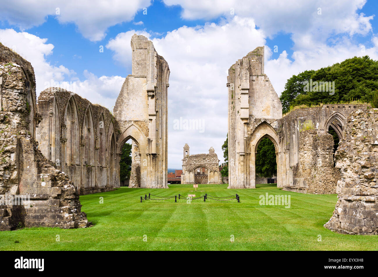 The ruins of Glastonbury Abbey, associated with the legend of King Arthur, Glastonbury, Somerset, England, UK Stock Photo