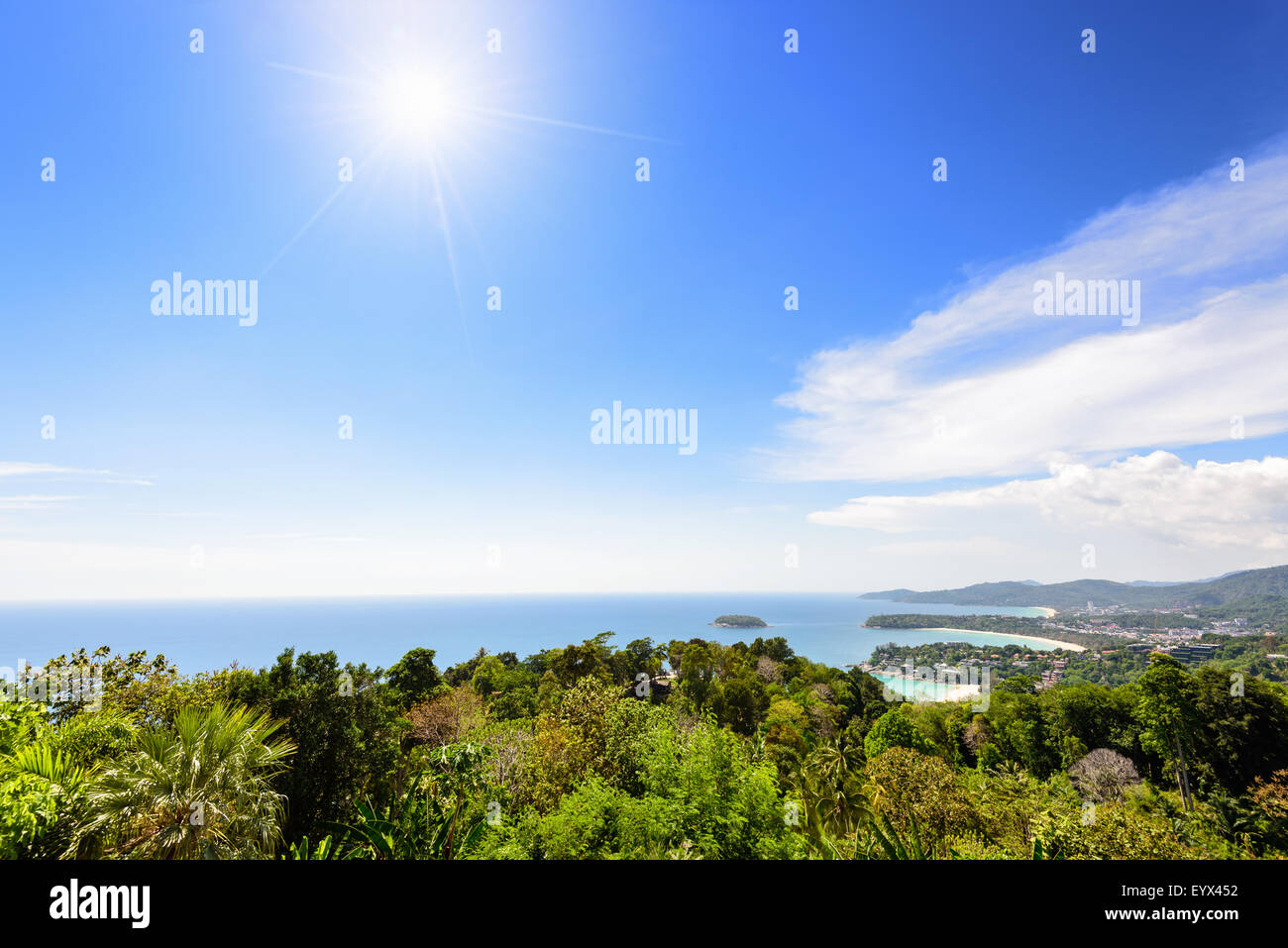 High scenic view beautiful landscape sun and sunlight on blue sky in summer over the sea at Hat Kata Karon or Three Beach Viewpo Stock Photo