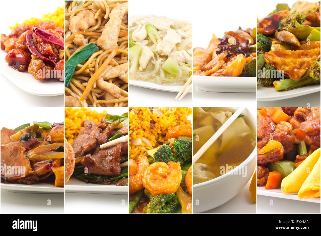 Various popular Chinese food take out dishes in collage image Stock