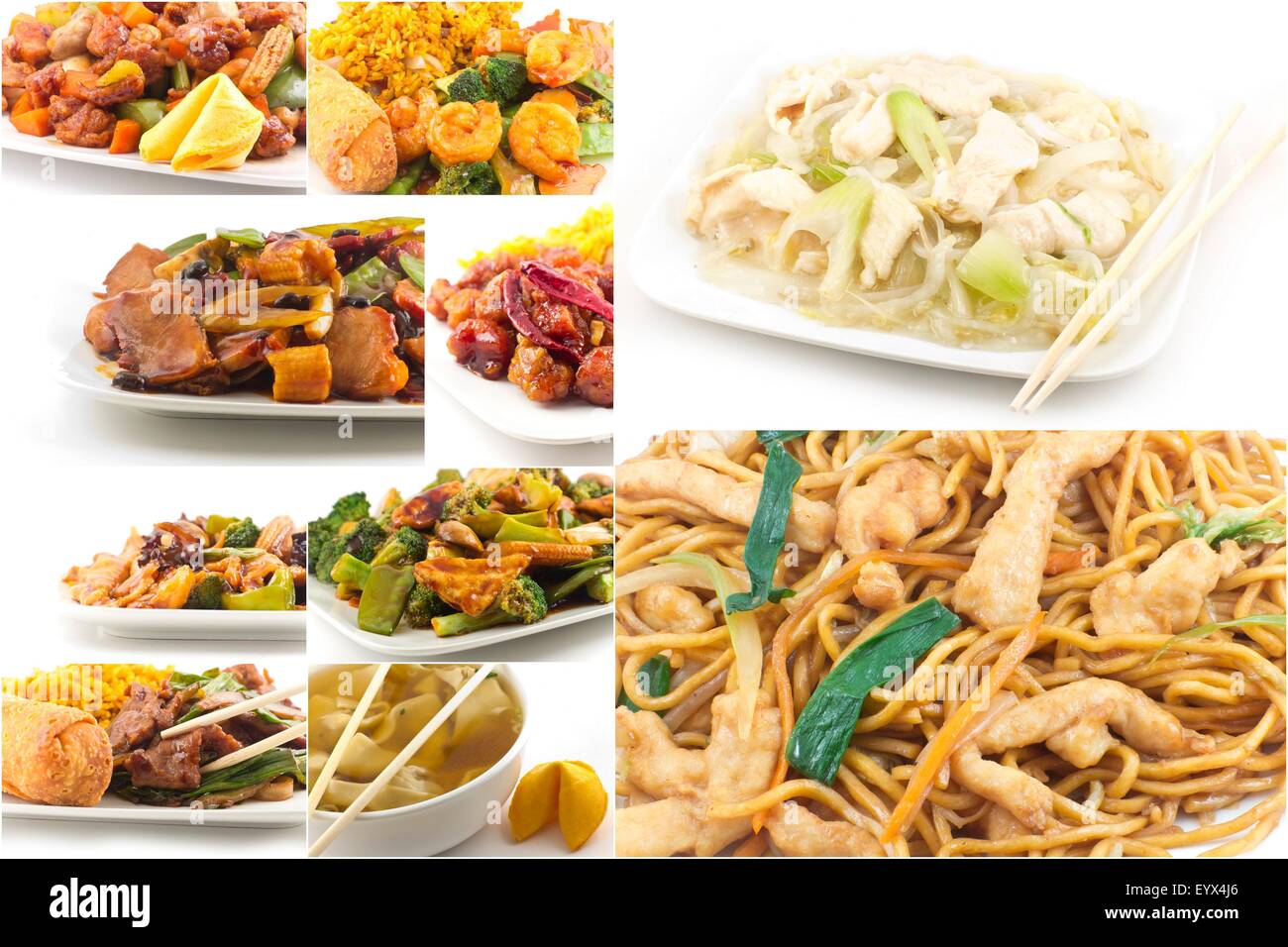 Various popular Chinese food take out dishes in collage image Stock