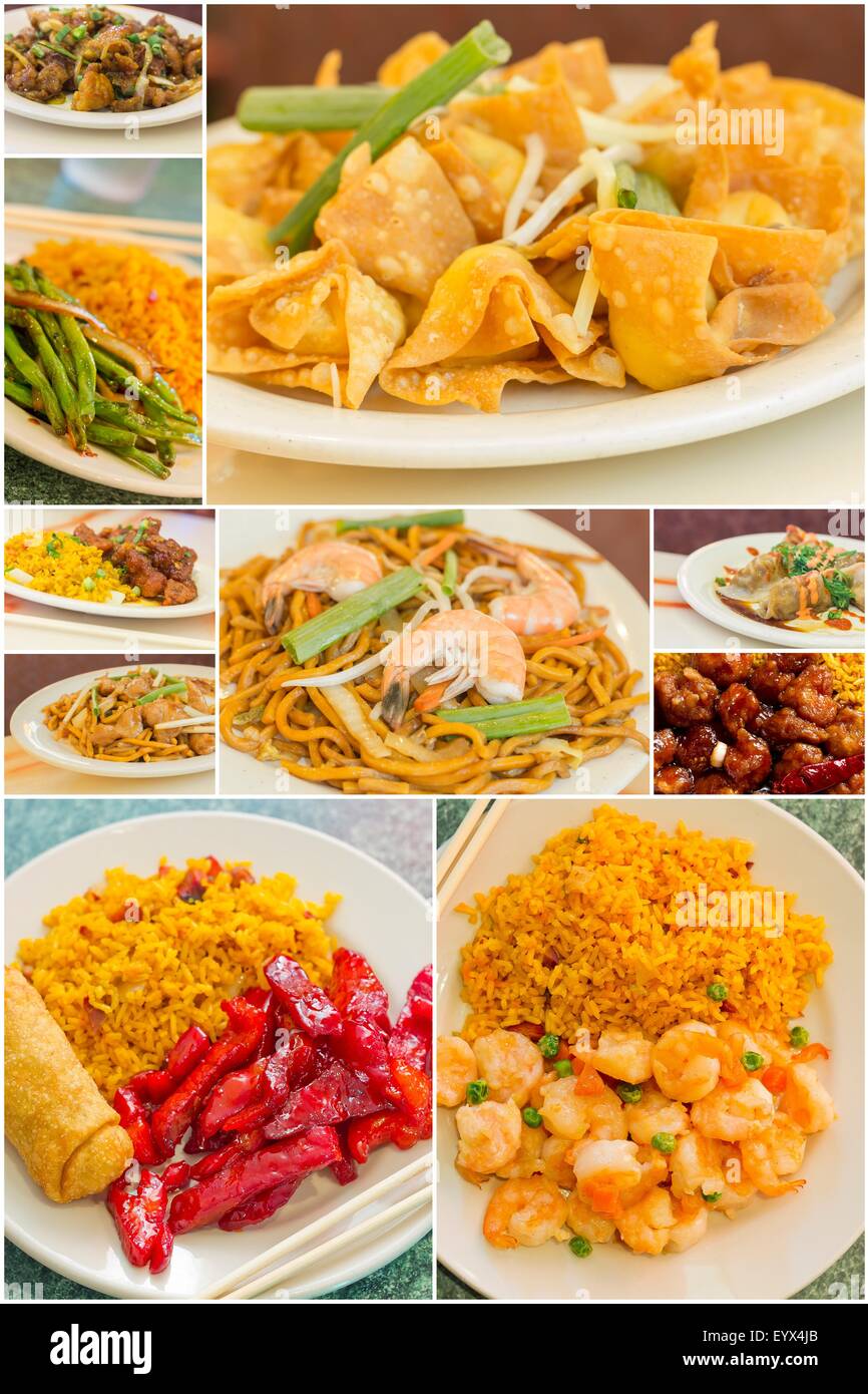 Various popular Chinese food take out dishes in collage image Stock