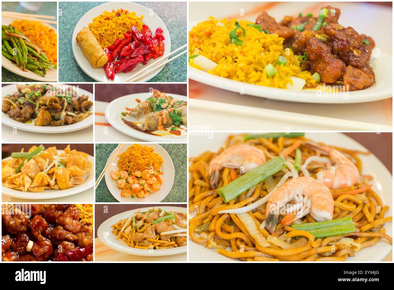Various popular Chinese food take out dishes in collage image Stock