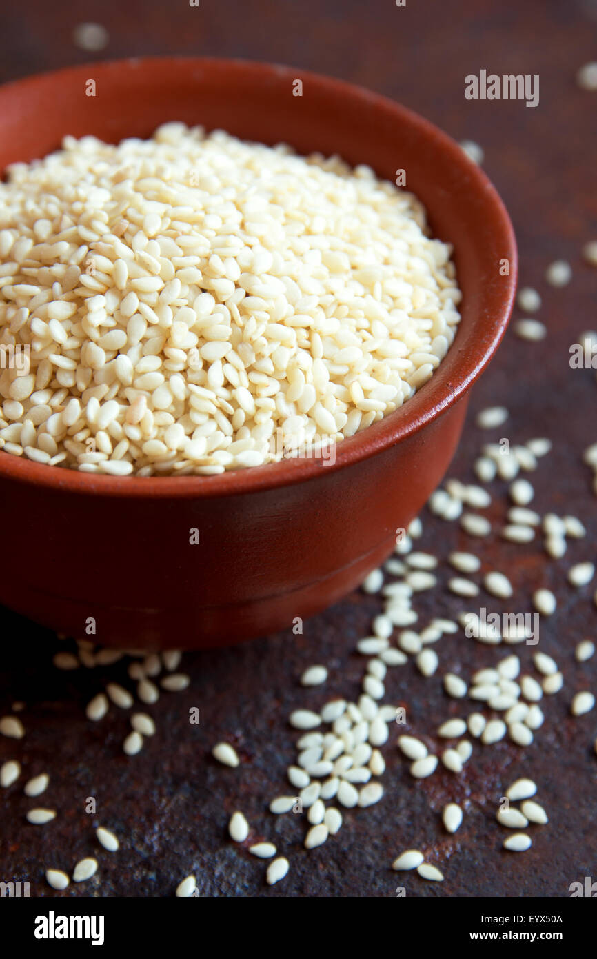 Sesame seeds in bowl close up Stock Photo