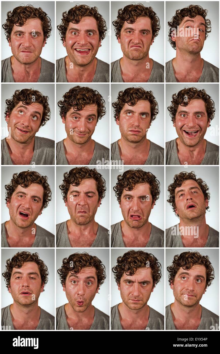 Regular average looking man making various facial expressions in collage Stock Photo