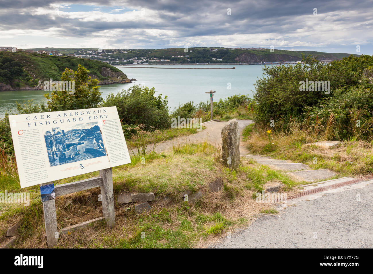 The coast path to Fishguard Fort, perched above Lower Town, Fishguard, Pembrokeshire, Wales, UK, with Goodwick in the background Stock Photo