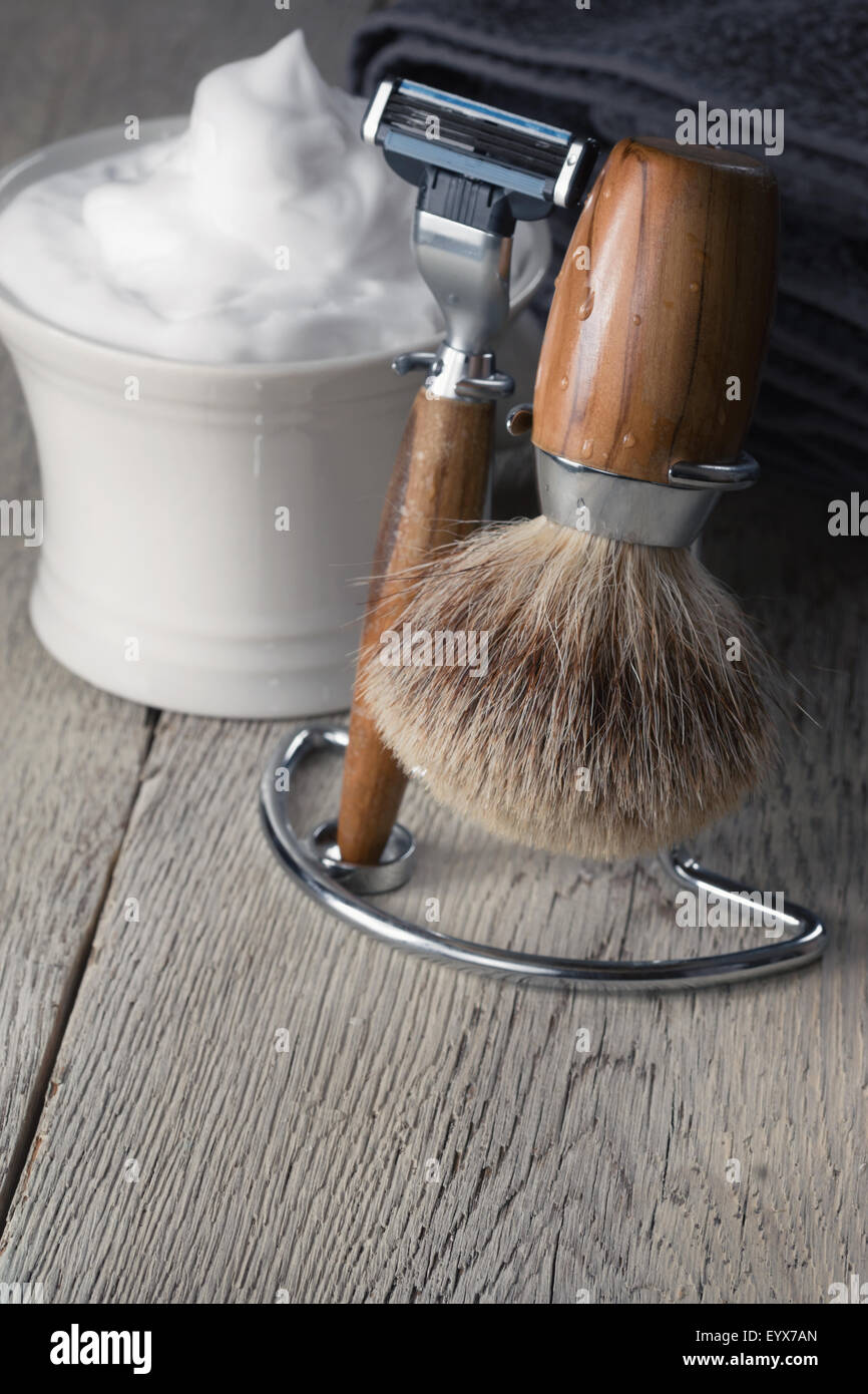 vintage Shaving Tools on wooden Table Stock Photo Alamy