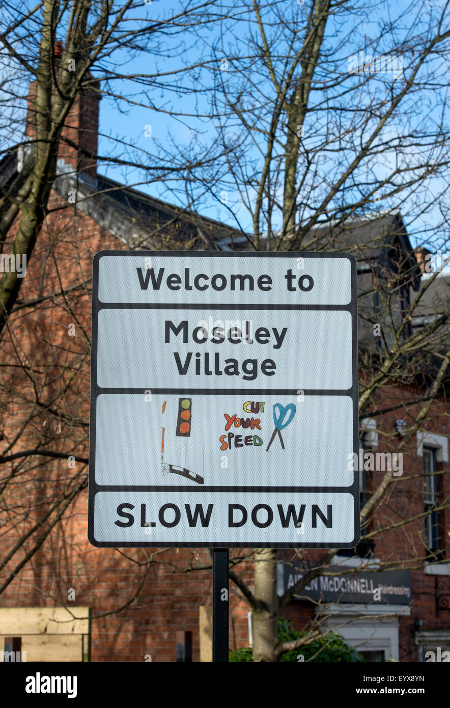 ‘Welcome to Moseley Village’ sign which is being featured in the urban section of ‘Best Places to Live’ Birmingham, UK Stock Photo